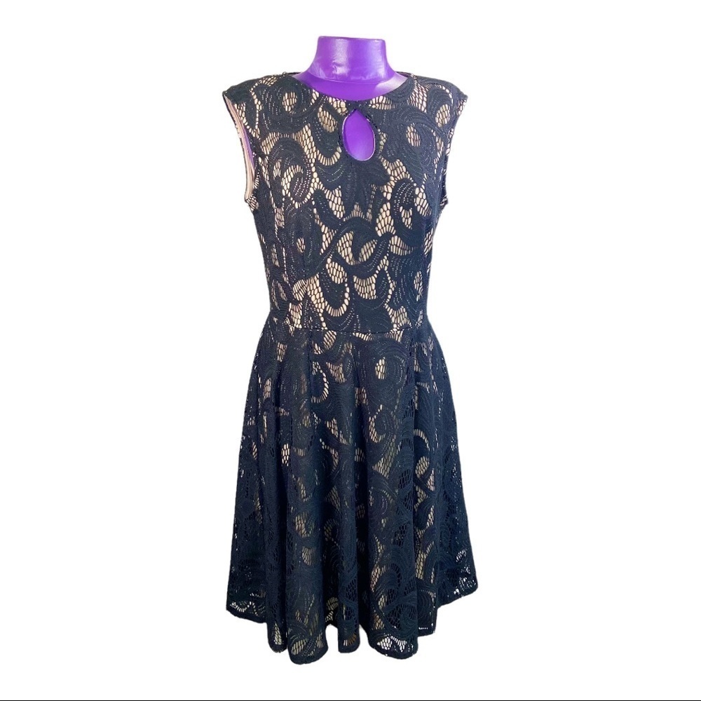 London Style Black Lace Mini Dress with Nude Underlay